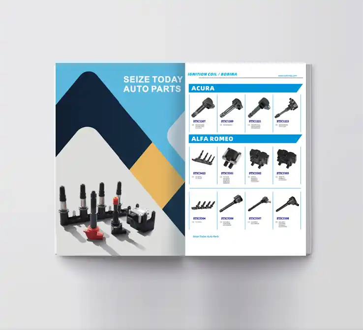 Open printed product catalog showing SEIZE TODAY AUTO PARTS and vehicle model listings
